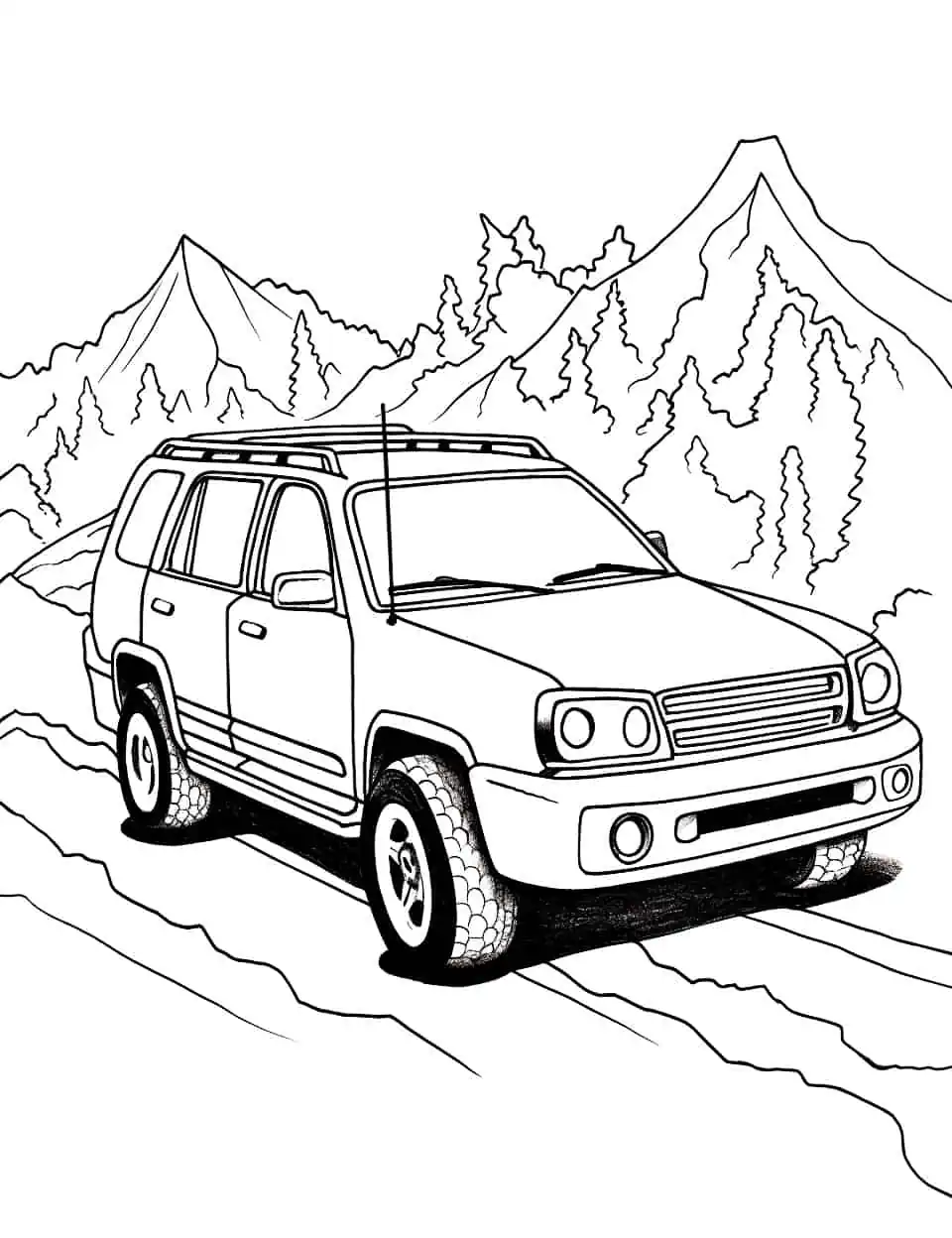 The Great SUV Expedition Coloring Page - An SUV on a thrilling expedition.