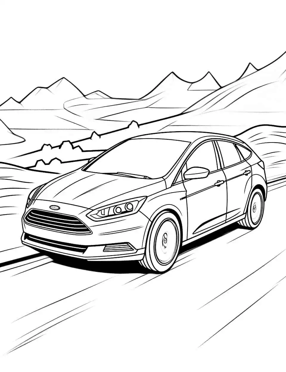 Ford Focus Fun Coloring Page - A Ford Focus driving through a sunny landscape.