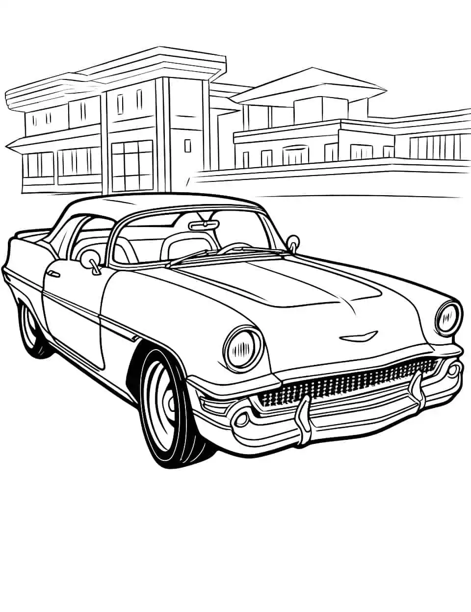 Classic Car Restoration Coloring Page - An old classic car being restored, awaiting a color transformation.