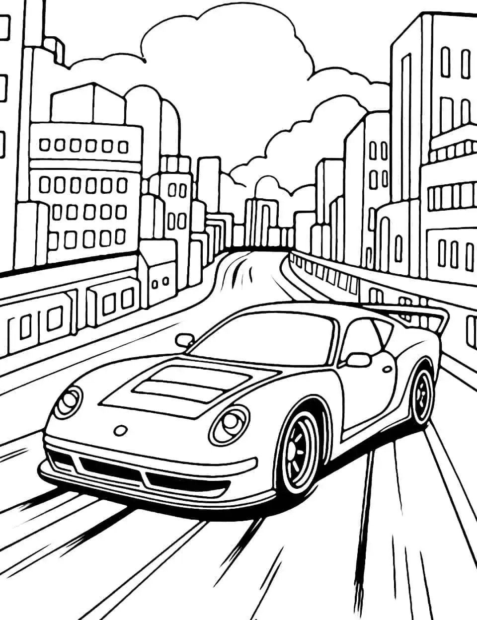 Racing Through the City Coloring Page - A fast car racing through the city streets at night.