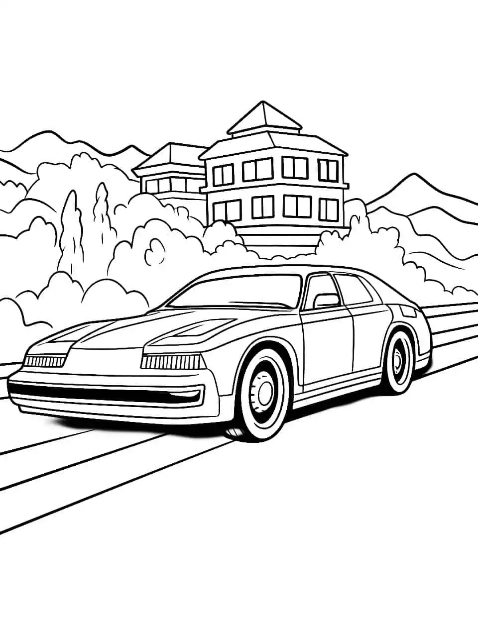 Country Cruise Car Coloring Page - A luxurious car cruising through the countryside.