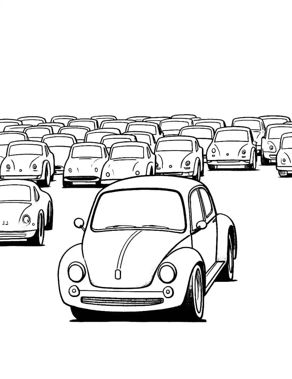 Classic Volkswagen Car Coloring Page - A collection of the classic Volkswagen beetle car waiting to be colored.