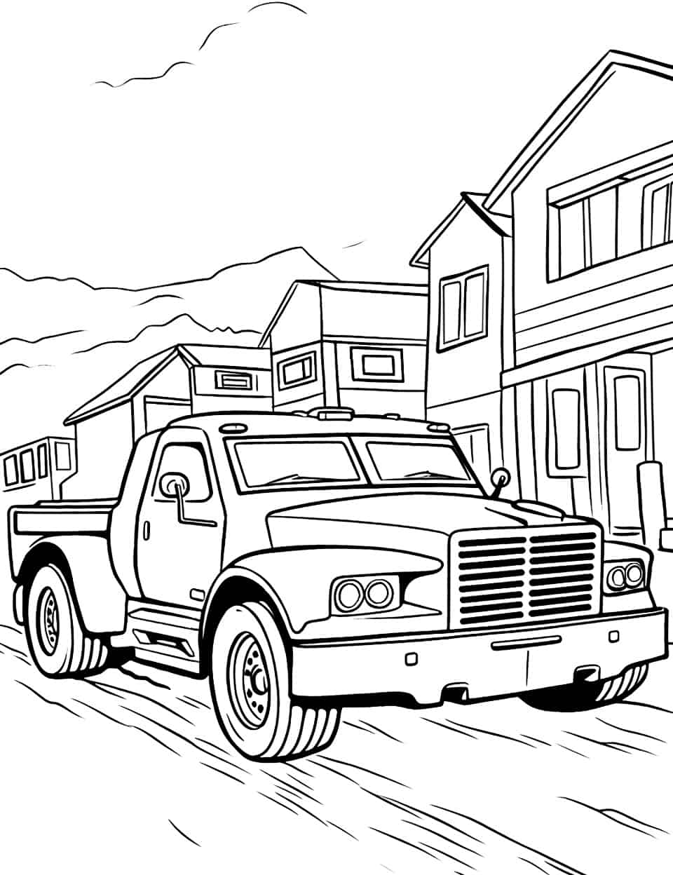 Flatbed Truck in Town Car Coloring Page - A heavy flatbed truck sits on a street of two-story houses with mountains beyond the rooftops. Its ribbed grille and twin round headlights are the fine parts, while the empty bed and the house walls are wide open. Yellow or deep red on the cab reads well against grey siding and pale hills. Kids who ask to stop and watch roadworks tend to like this one.