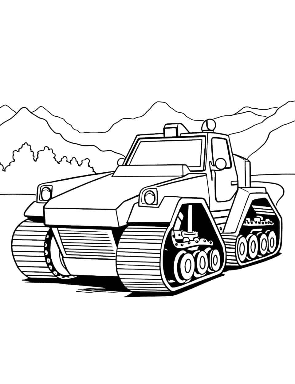 Tracked Work Machine Car Coloring Page - Four broad rubber tracks carry this working machine, and each one is ruled with dozens of little treads. Running a pencil back and forth in short strokes across those treads makes them look metallic. The cab, the square headlights and the beacon on the roof are the only other pieces, so it colors up quickly. Mountains and a clump of trees sit behind, easy to leave faint.