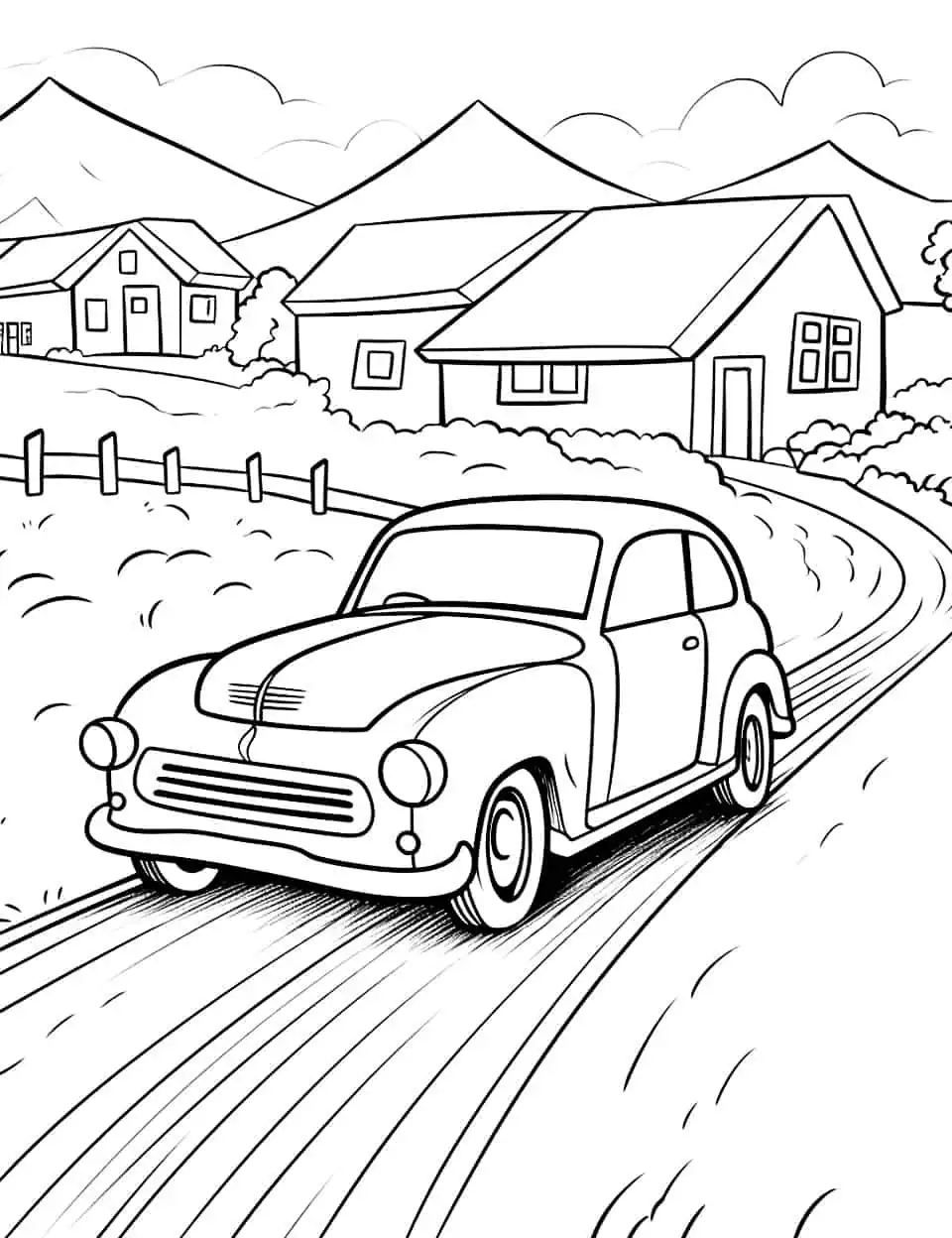 The Old Town Road Car Coloring Page - An old, vintage car driving down a countryside road.