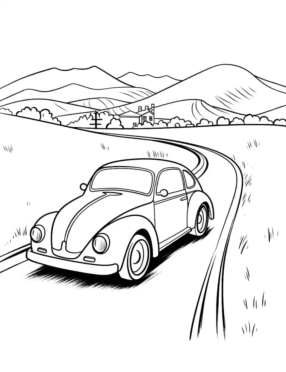 Cool Coupe Coloring Page - A cool coupe racing on a winding country road.