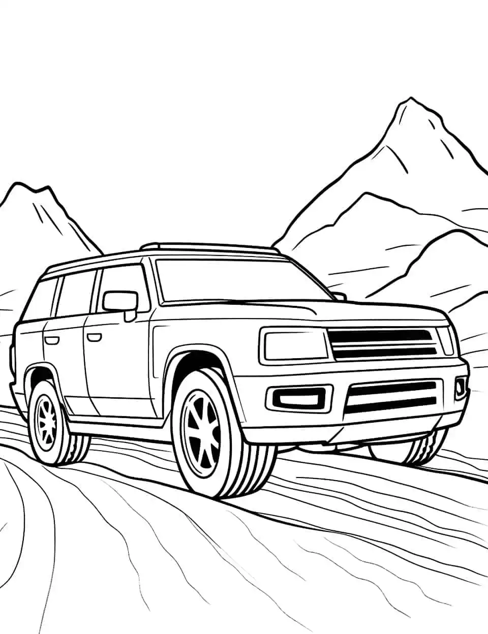 Superb SUV Car Coloring Page - An image of a big, sturdy SUV on a rough terrain, ready to be colored.