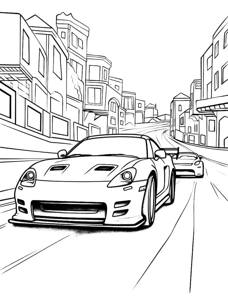 JDM Street Race Car Coloring Page - An illustration of a high-intensity street race with JDM cars for kids who love action.