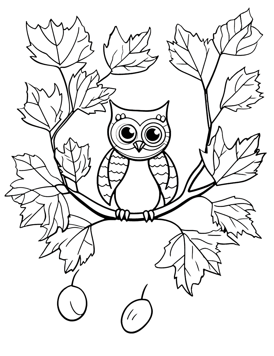 Happy Fall Owl in Tree Coloring Page - A round cartoon owl sits on a curved branch with wide, sleepy eyes and striped wings. Maple leaves fan out on both sides of it, and two acorns dangle from thin stems near the bottom of the page. Warm browns on the cute owl and a mix of red and gold on the leaves make the whole sheet pop. The shapes are big and well spaced, so fat crayons work fine here.