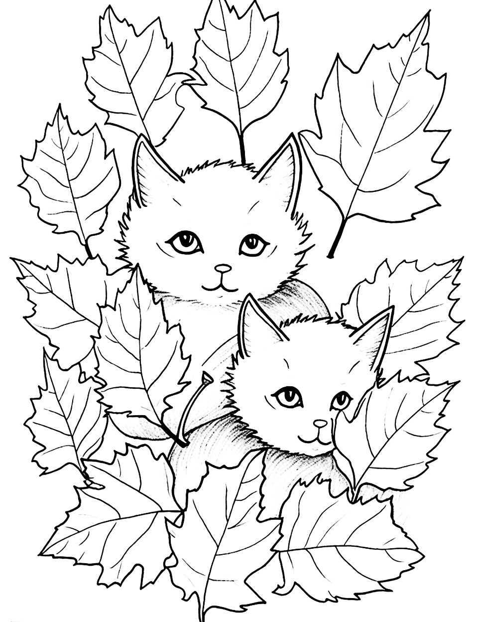 Kittens in Leaf Pile Fall Coloring Page - Two fluffy kittens peer out from a drift of large, veined leaves that fills the page corner to corner. Their fur is drawn with short feathery strokes, and the leaves overlap in layers behind them. Leave the kittens playing in soft gray or cream so the deep red leaves behind them do the shouting. There is more fine detail packed in than it first appears, so expect a longer sit.