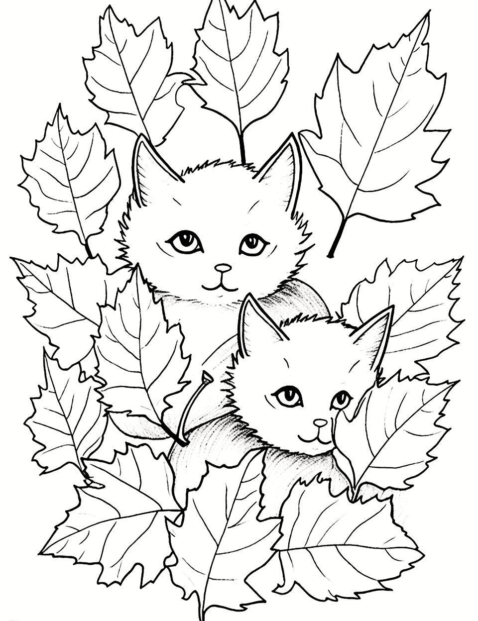 Kittens in Leaf Pile Fall Coloring Page - A couple of cute kittens playing in a pile of autumn leaves.