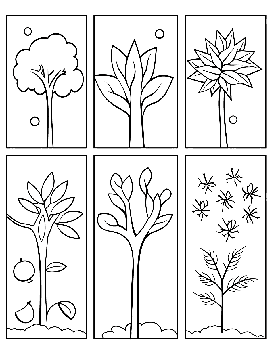 Four Seasons Fall Coloring Page - A coloring page showcasing spring, summer, fall, and winter, highlighting the changes nature goes through each year.