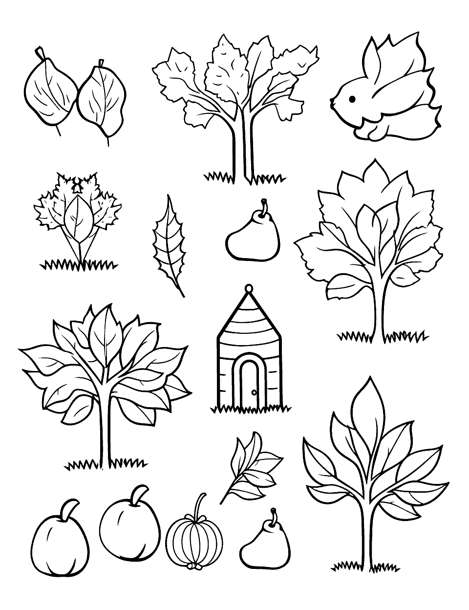Mini Autumn Collection Fall Coloring Page - A series of mini autumn scenes to color, featuring animals, leaves, and holiday themes.