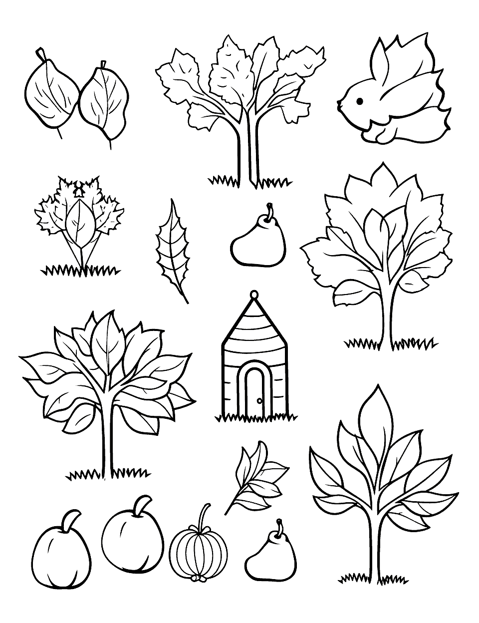 Mini Autumn Collection Coloring Page - A series of mini autumn scenes to color, featuring animals, leaves, and holiday themes.