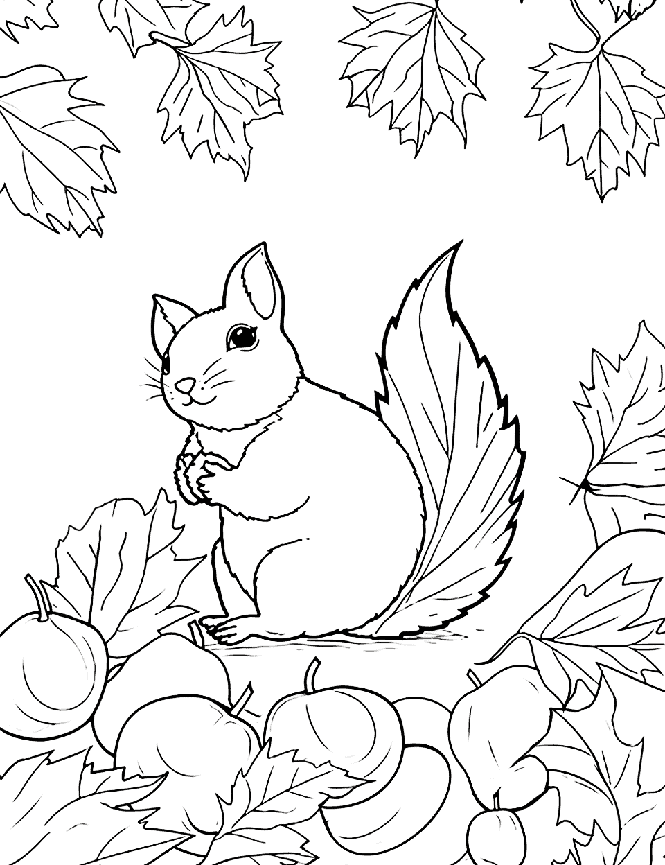The Squirrel's Fall Stash Coloring Page - A squirrel sits up on its haunches holding a nut in both front paws, tail curled high behind it like a big feathered leaf. Acorns and more leaves cover the ground in front of it, and maple leaves hang across the top of the page. The tail is the best part to color, since the drawn-in fur lines give you an excuse to blend two browns.