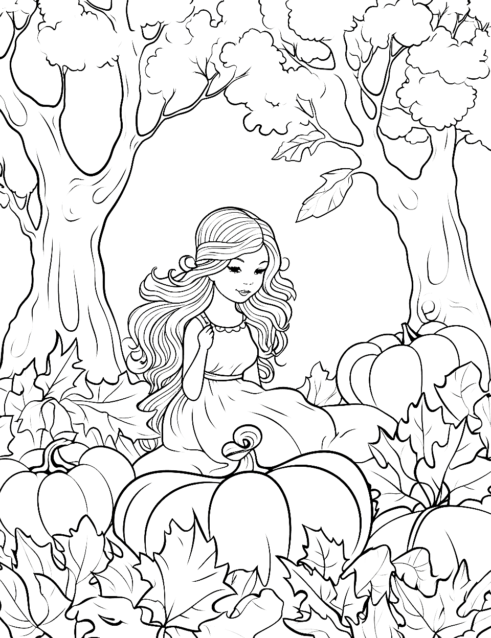 Autumn Fairy Tale Fall Coloring Page - A coloring sheet featuring a fairy in a magical autumn forest.