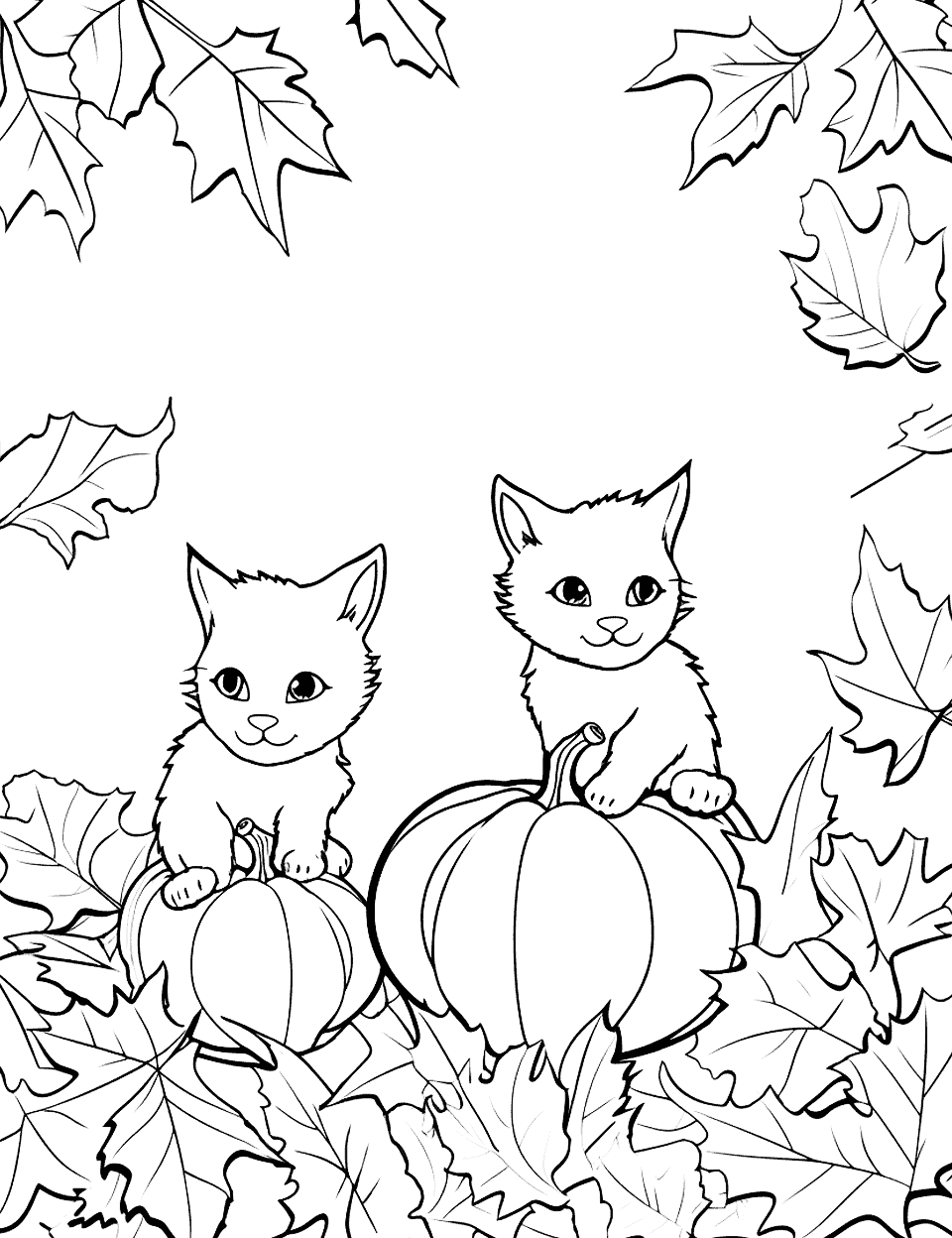 Kittens in Pumpkin Patch Fall Coloring Page - Two kittens perch with their front paws up on a pair of round pumpkins, maple leaves piled below them and drifting down from the top of the page. Open white space runs across the upper middle of the sheet, which is a handy spot for a child to add a name or a caption. Keeping the kittens pale against a bright pumpkin patch makes them the center of attention. It pairs nicely with the leaf-pile kittens further up this list.