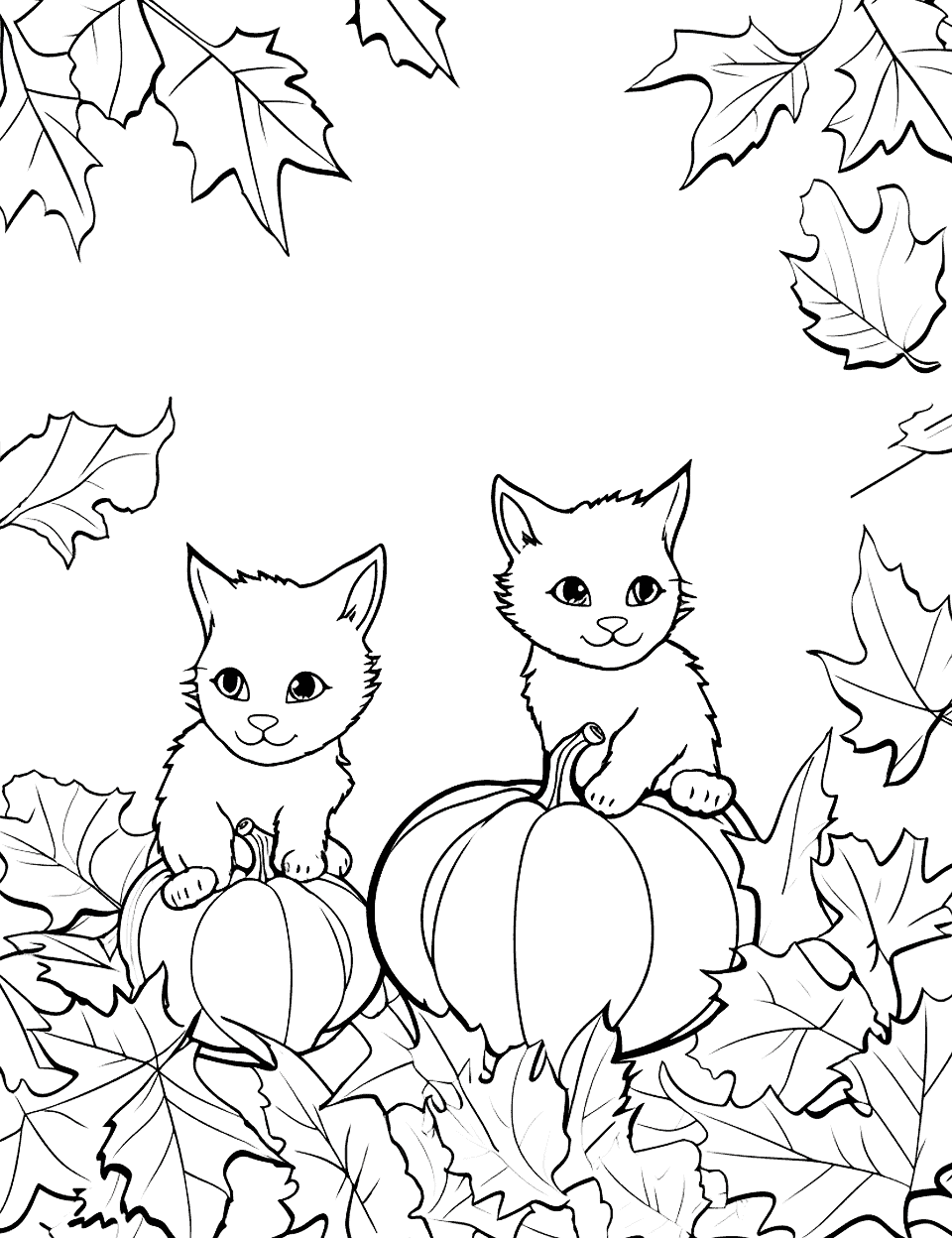 Kittens in Pumpkin Patch Fall Coloring Page - Cute kittens playing in a pumpkin patch, surrounded by fallen leaves.