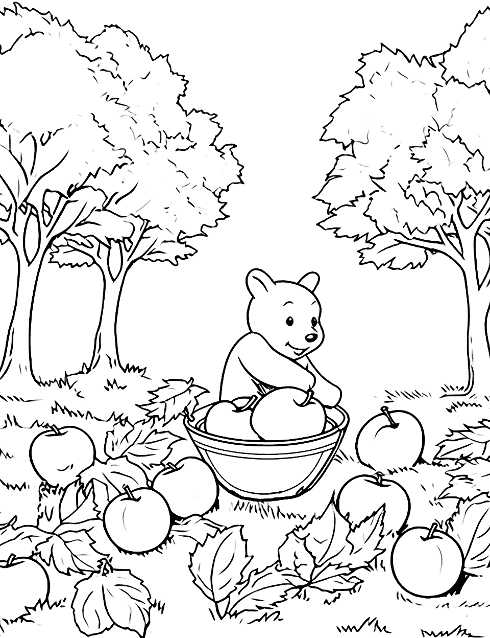Winnie the Pooh's Fall Journey Coloring Page - Winnie the Pooh and friends on a fall journey, surrounded by colorful leaves and pumpkins.