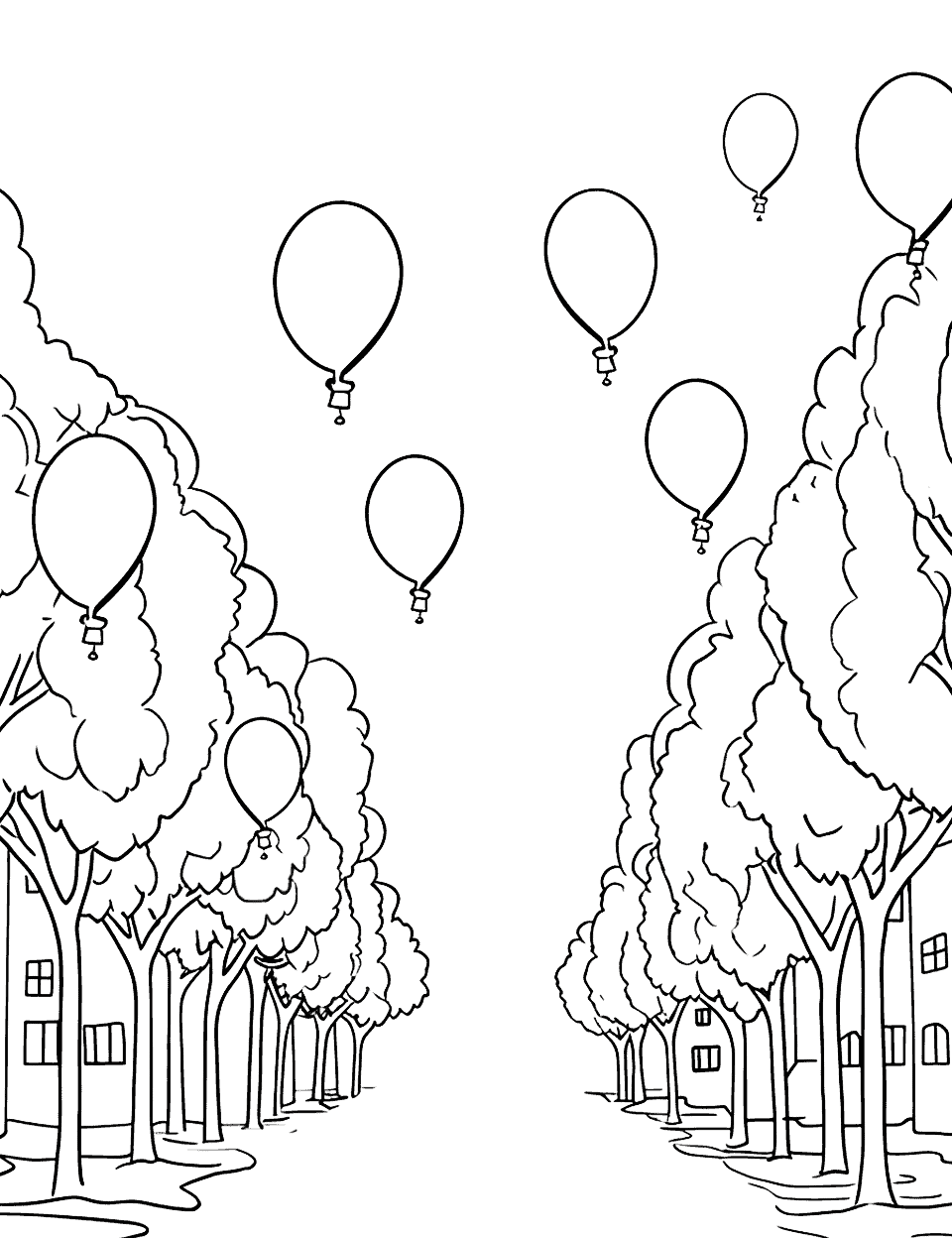 Thanksgiving Day Fall Coloring Page - An easy-to-color page depicting the Thanksgiving Day celebration with balloons and beautiful trees.
