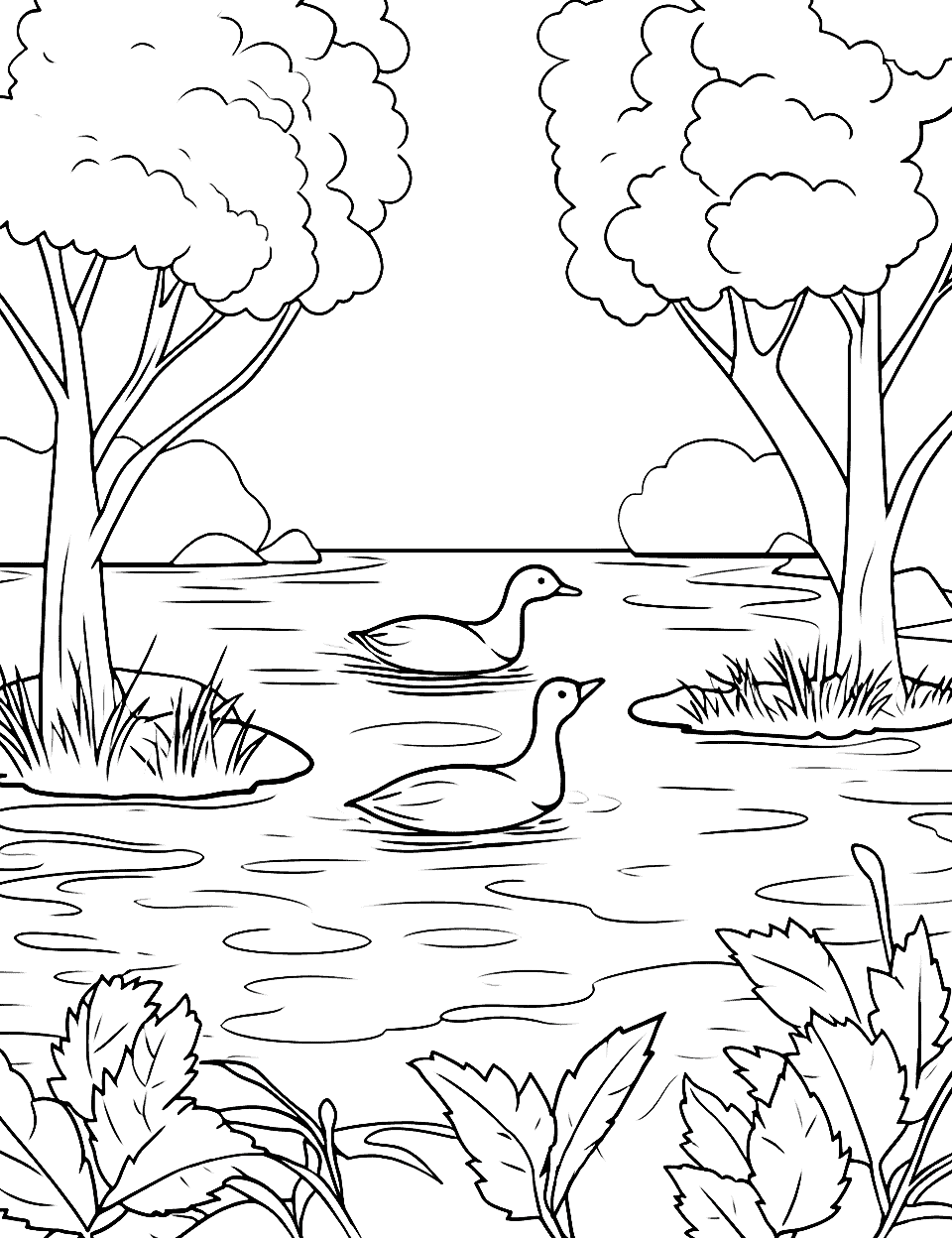 Autumn at the Pond Fall Coloring Page - A complex coloring page depicting a serene pond scene during autumn, with falling leaves and ducks.