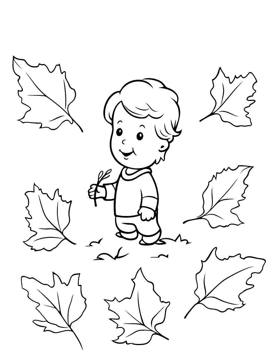 Toddler Among Big Leaves Fall Coloring Page - A small child in a soft romper stands in the middle of the page holding a tiny twig, with seven oversized leaves floating around them. Every shape is wide and open, and there is nothing fiddly anywhere on the sheet. Hand it to a two-year-old with chunky crayons and let the results be whatever they are.