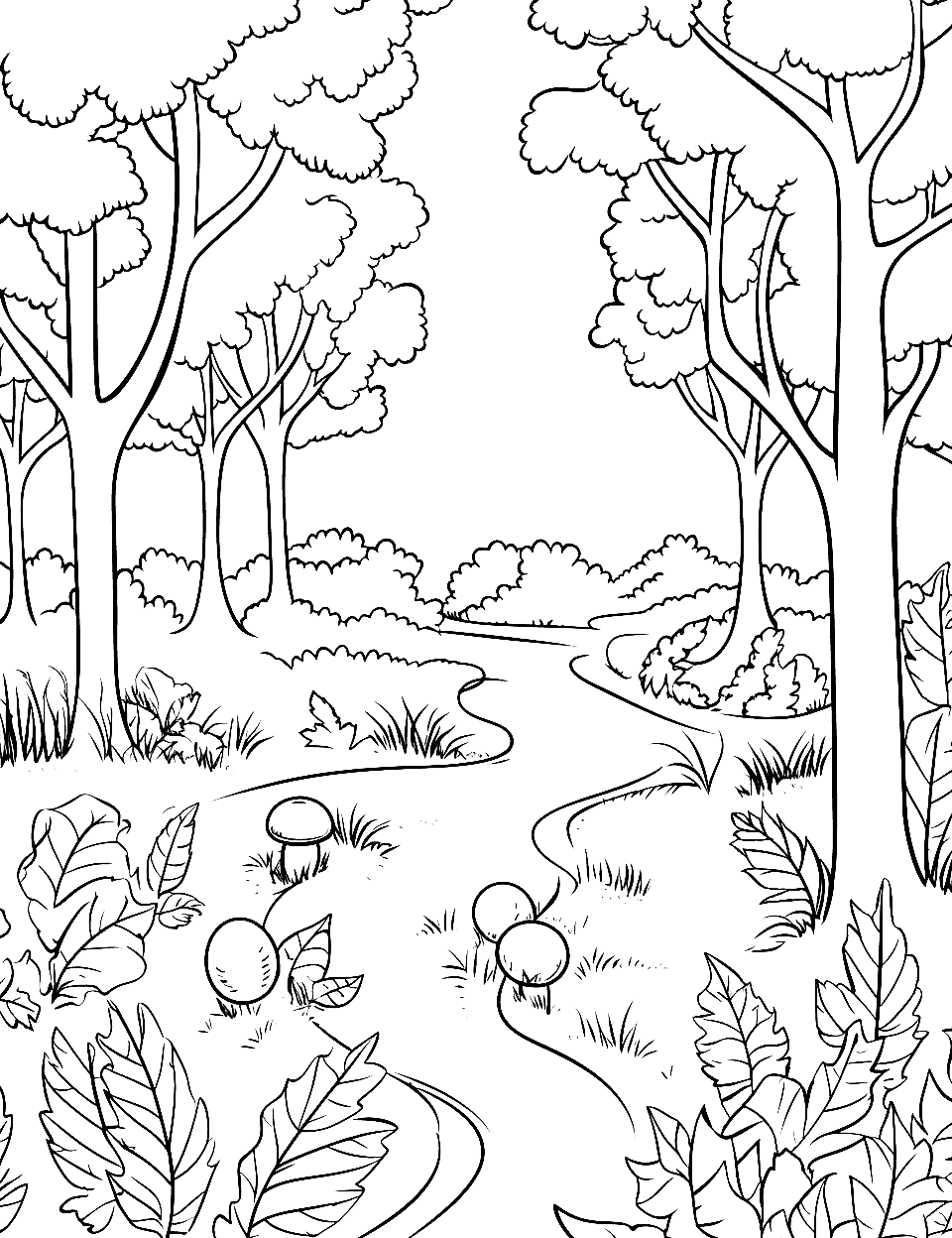 Autumn in the Woods Fall Coloring Page - A narrow path winds back through a stand of trees with puffy, cloud-shaped canopies. Tall leafy plants crowd the front of the page, a small mushroom pokes up beside the trail, and a few round berries sit in the grass. There are a lot of small gaps to fill, so colored pencils beat crayons on this one. Take it along on a nature trail walk and let your child match the real leaf shapes they find.