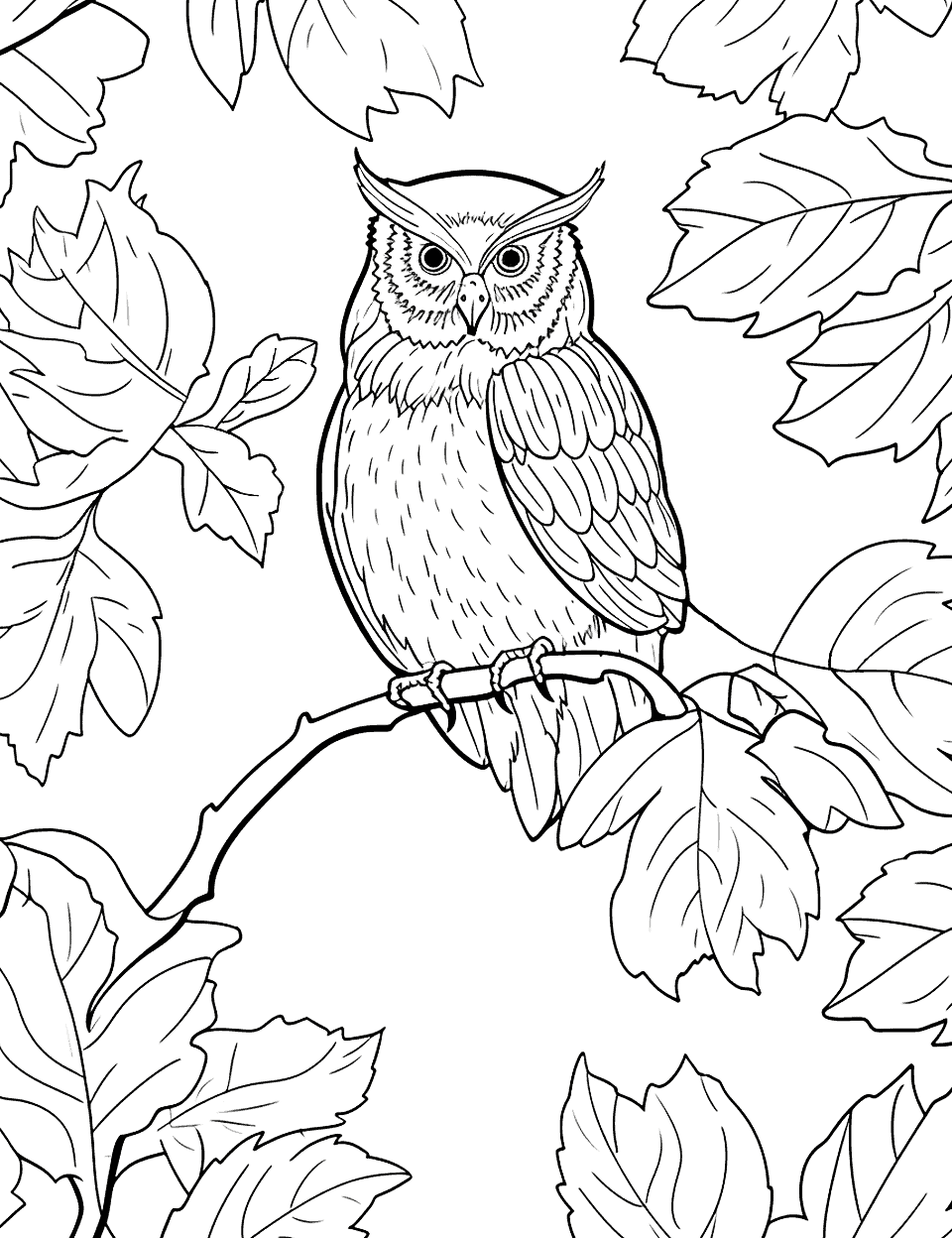 Owl Adventure Coloring Page - A complex design of an owl exploring the fall season, suitable for older kids who want a challenge.