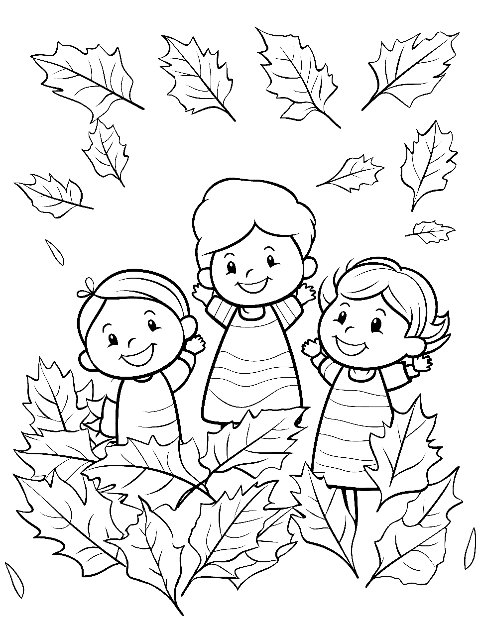 Children's Fall Fun Coloring Page - A simple design of children playing in a pile of leaves, welcoming the fall season.