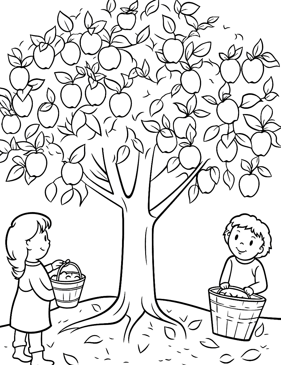 Apple Harvest Fall Coloring Page - An apple tree takes up the top half of this sheet, loaded with dozens of round apples among the leaves. A girl holds a small basket on the left, a boy kneels behind a big bushel basket on the right, and windfall apples dot the grass. Every apple is its own little circle, so this one rewards patience. Reds, greens and yellows on the same tree are a nice way to show that fruit does not all ripen the same shade.