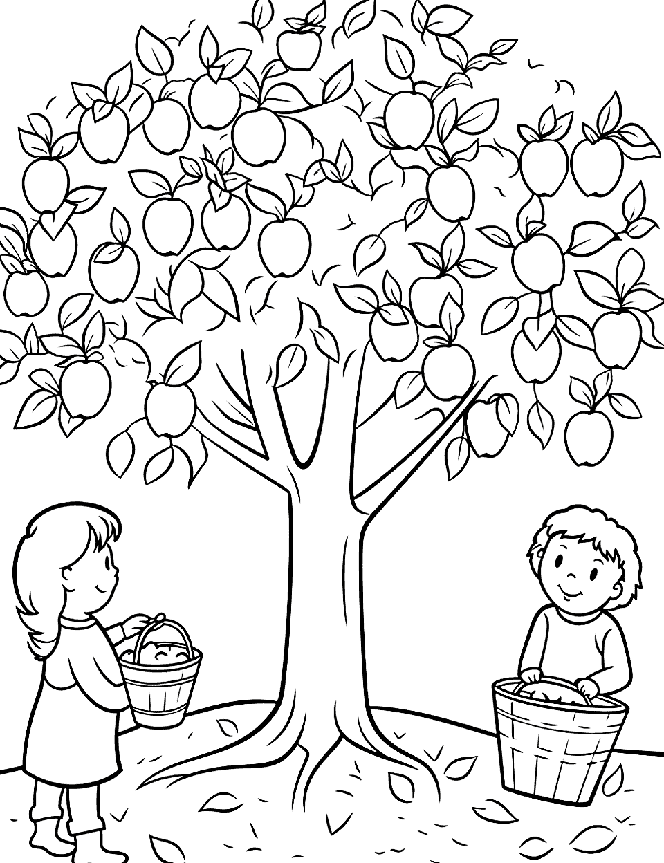 Apple Harvest Fall Coloring Page - A coloring page featuring children collecting apples in the autumn, with an apple tree full of fruit.