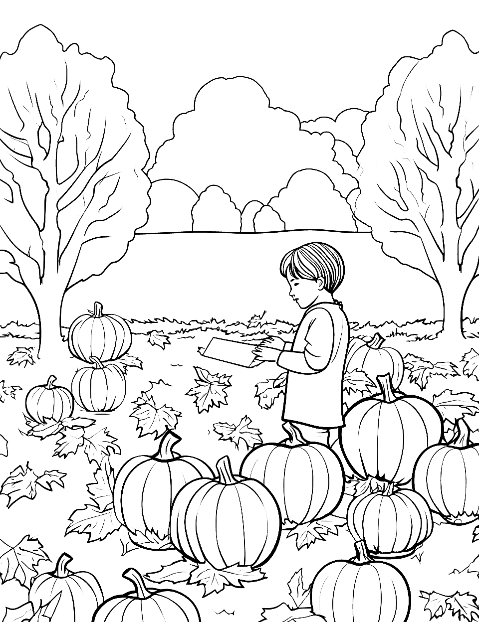 Pumpkin Patch Adventure Coloring Page - A Sunday school outing to a pumpkin patch, with kids choosing their pumpkins for Halloween.