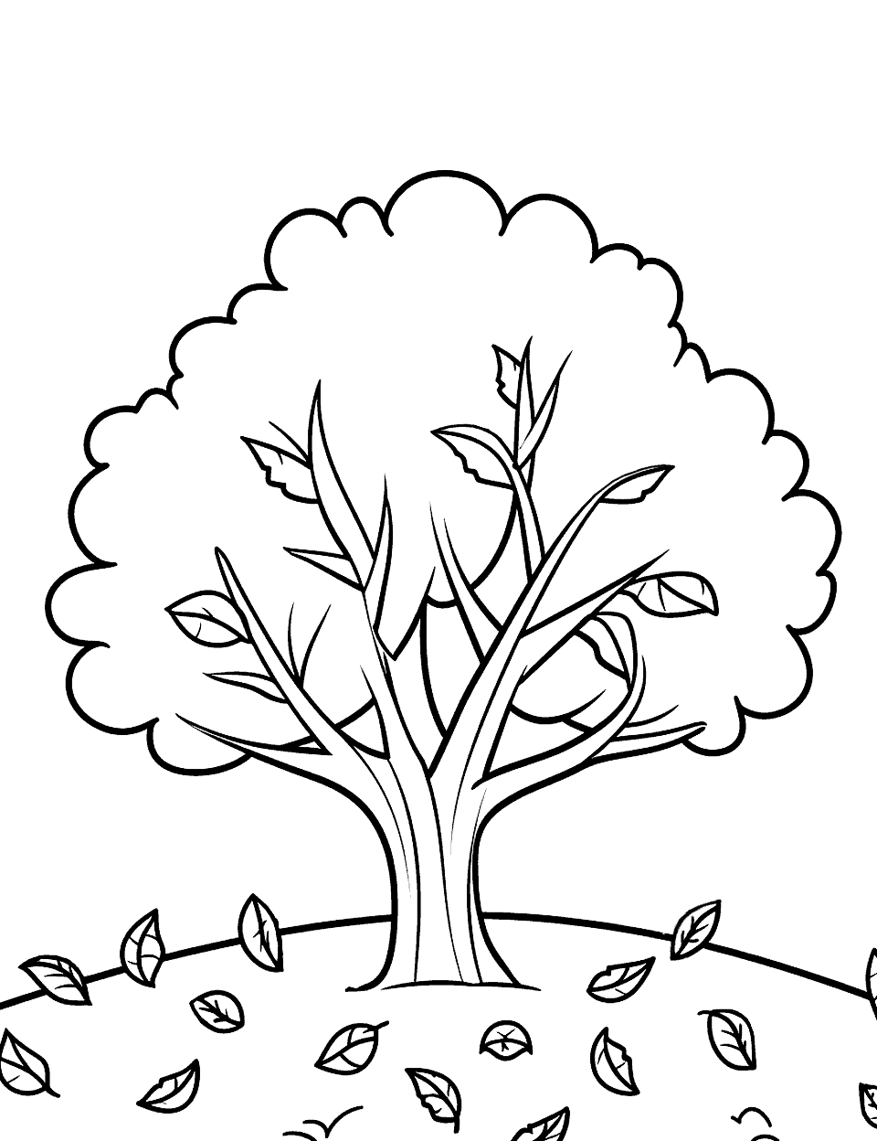 Easy Autumn Scene Fall Coloring Page - A simple autumn scene, with a big tree shedding its leaves, perfect for toddlers.