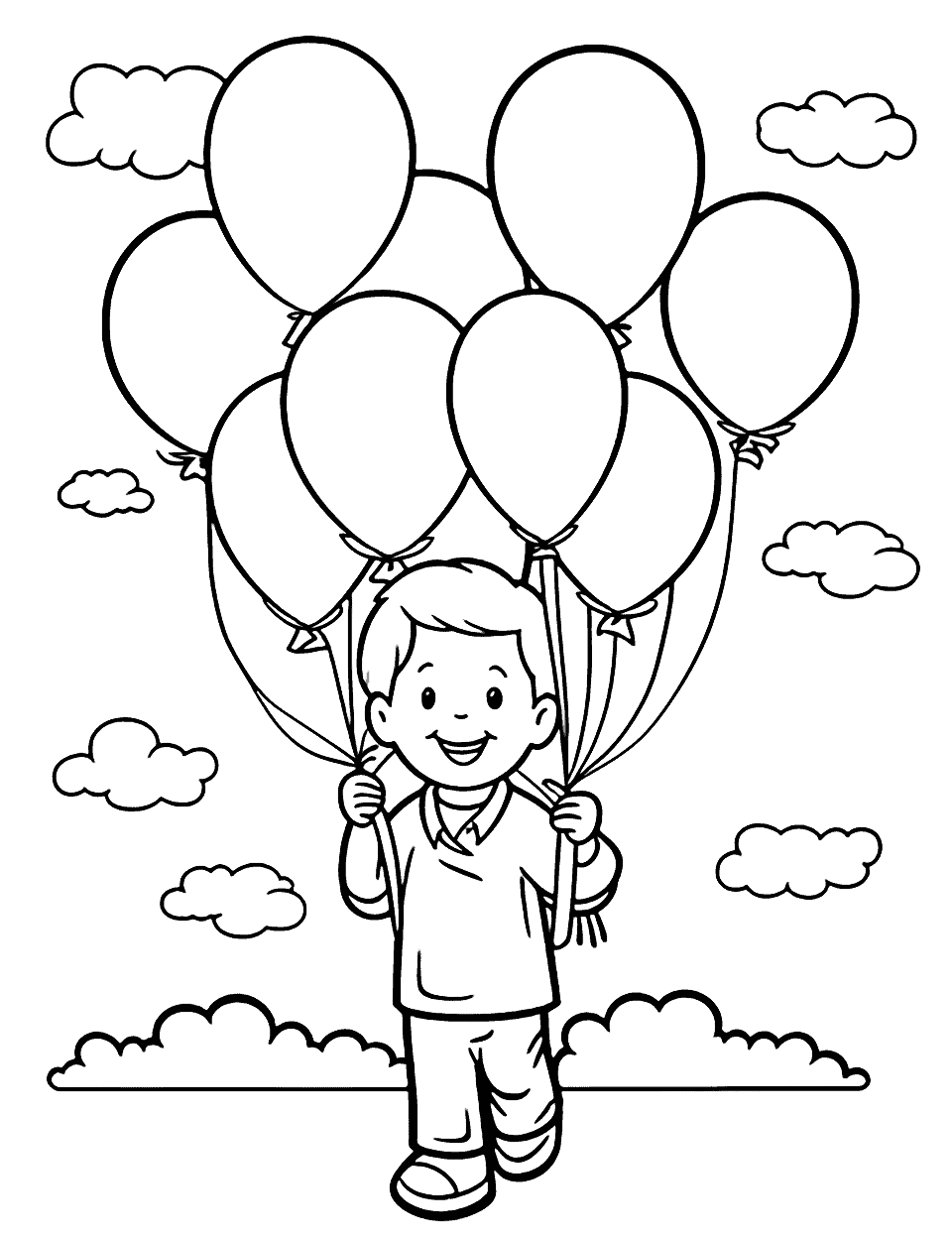 Boy's Birthday Balloon Bash Happy Coloring Page - A boy happily holding a bunch of colorful balloons.