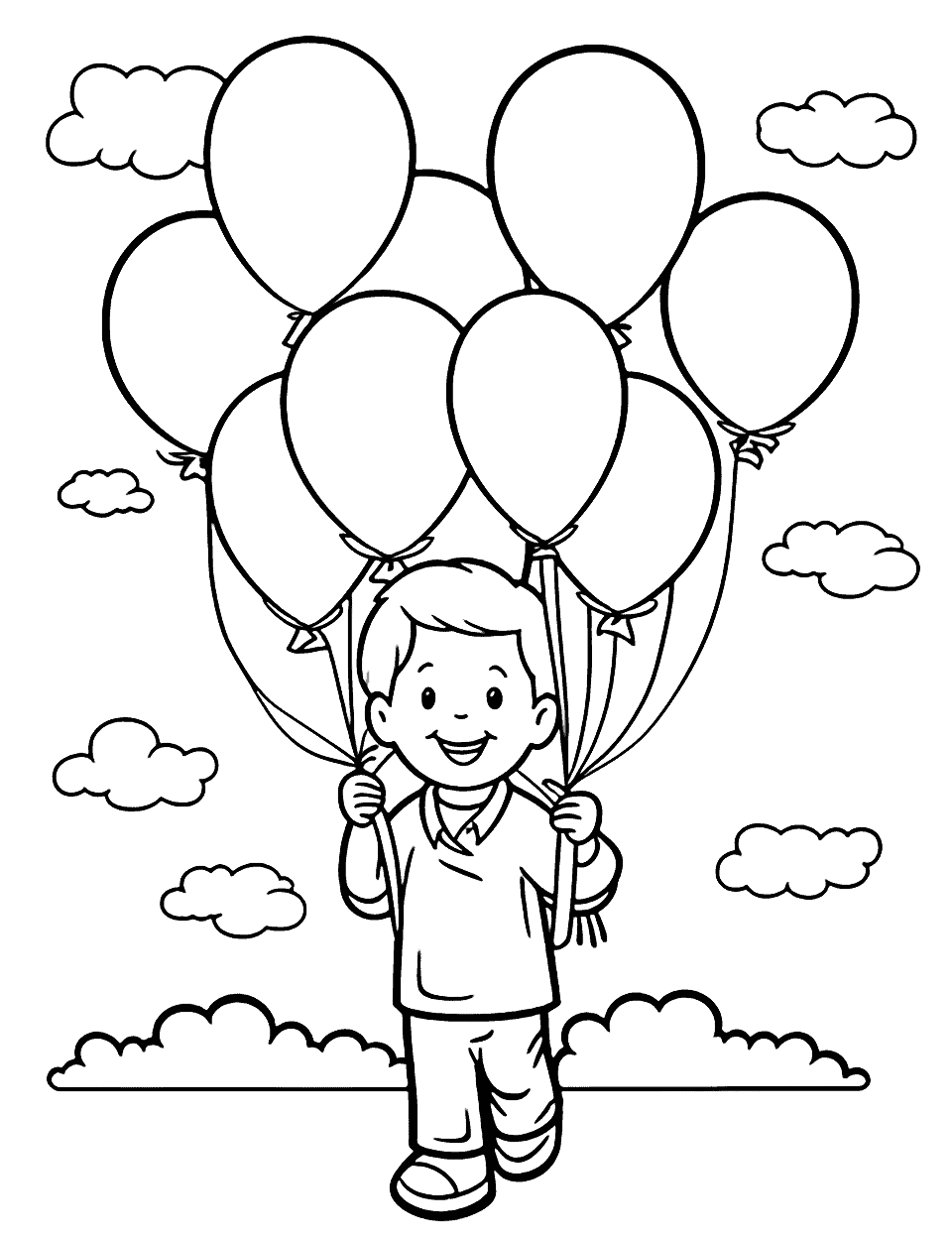 Boy's Birthday Balloon Bash Coloring Page - A boy happily holding a bunch of colorful balloons.