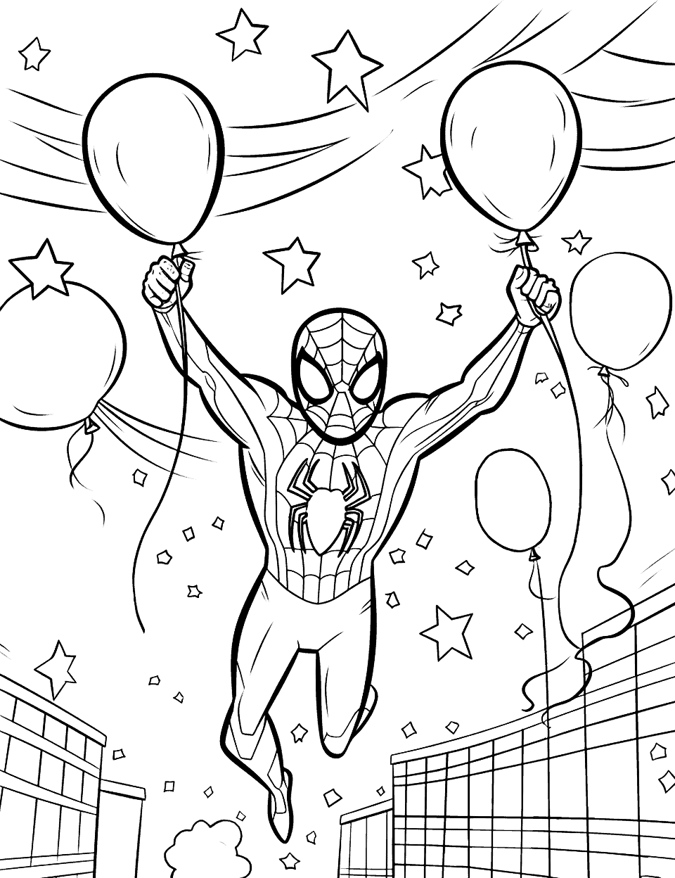 Spiderman's Birthday Web Coloring Page - Spiderman swinging from web to web, with birthday banners in the backdrop.