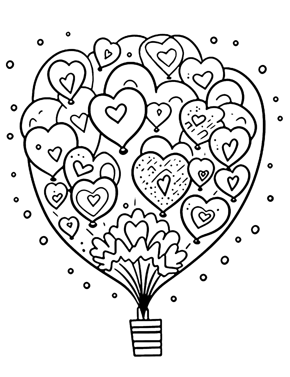 Heart-filled Birthday Happy Coloring Page - A large heart filled with numerous smaller hearts, each containing a birthday symbol like a cake, gift, or balloon.