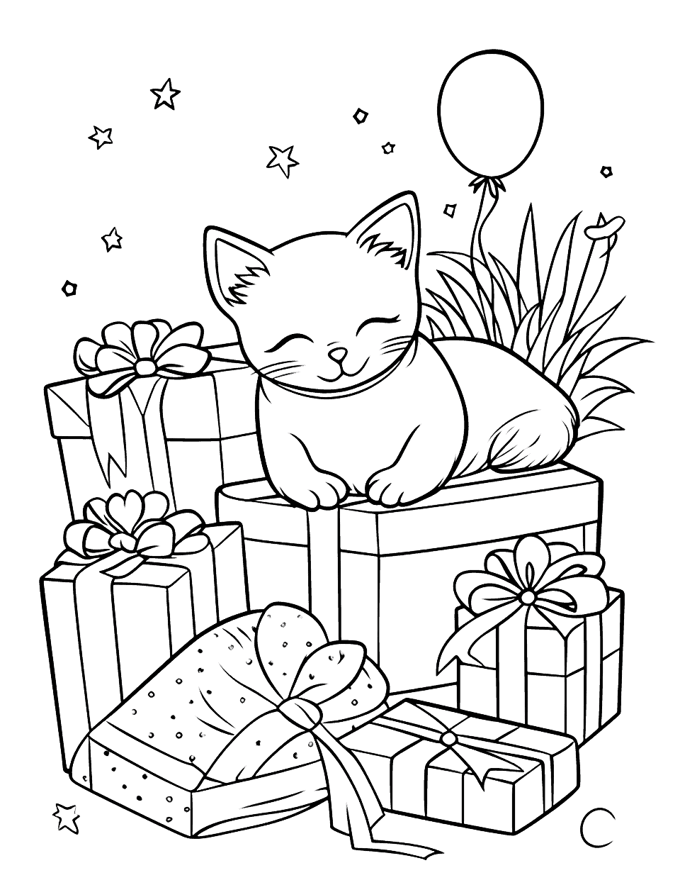 Cat's Birthday Nap Happy Coloring Page - A lazy cat sleeping next to a pile of birthday presents.