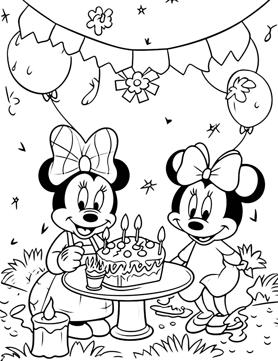 Minnie Mouse's Birthday Picnic Happy Coloring Page - Minnie Mouse enjoying a birthday picnic.