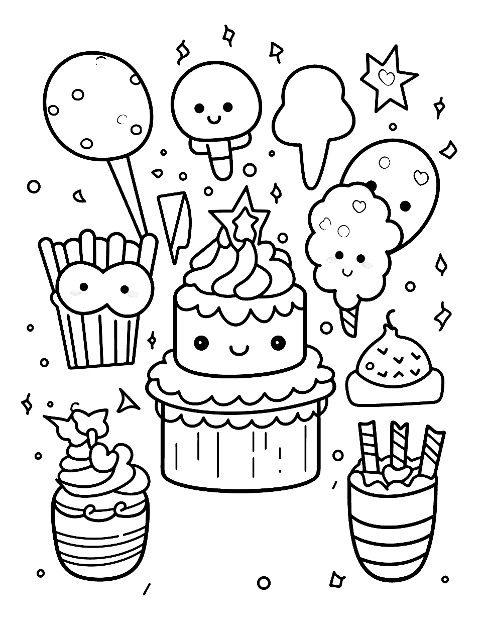 Kawaii Birthday Treats Happy Coloring Page - A collection of cute, kawaii-style birthday items, like a cake, presents, and balloons.
