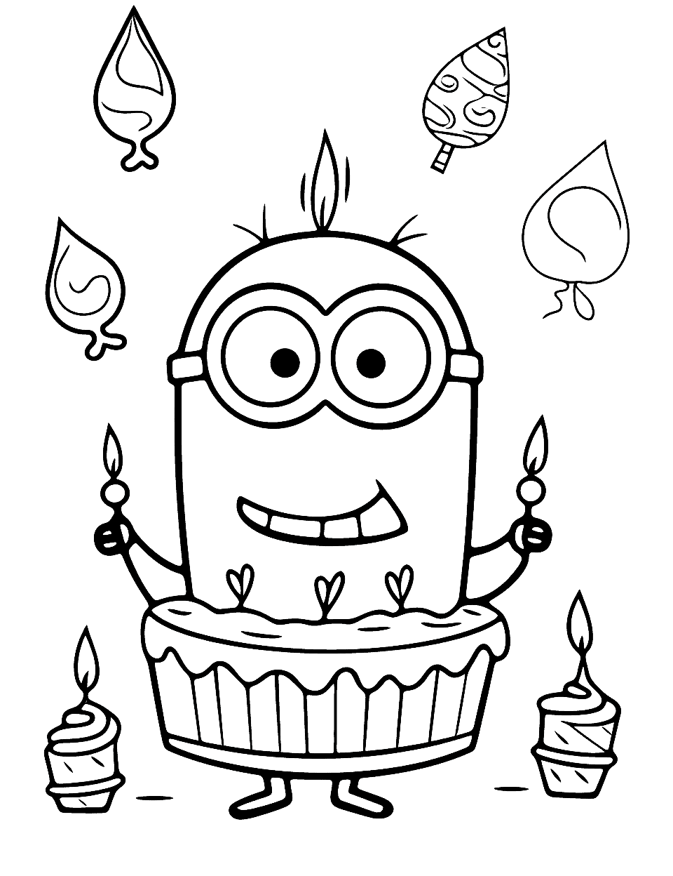 Minion's Banana Birthday Happy Coloring Page - A Minion celebrating its birthday with candles and cake.