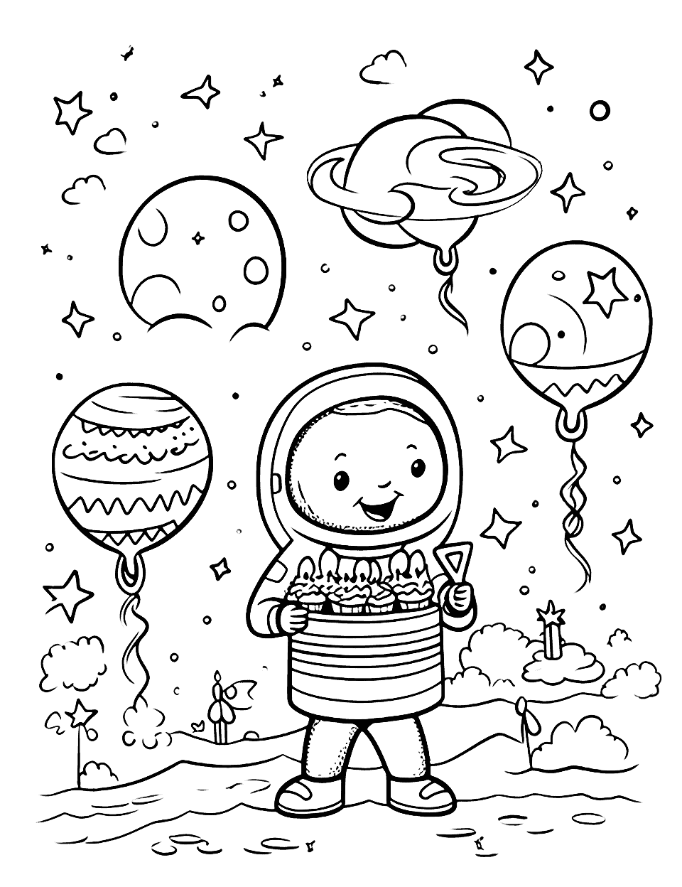 Space Explorer's Birthday Happy Coloring Page - A young astronaut is celebrating their birthday on the moon.