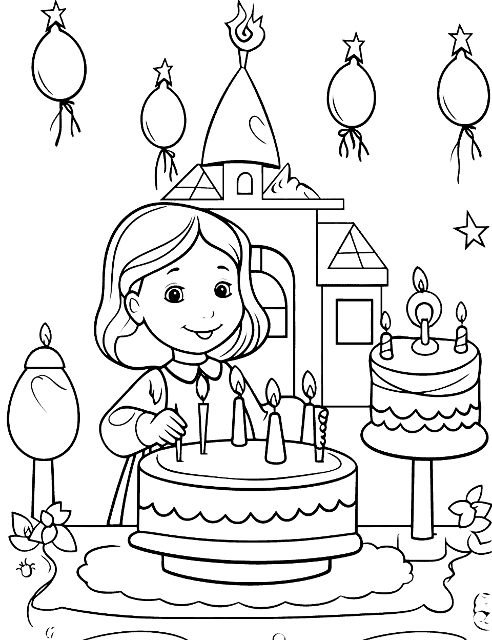 Princess's Royal Birthday Happy Coloring Page - A princess in her castle, preparing to blow out the candles on her large cake.