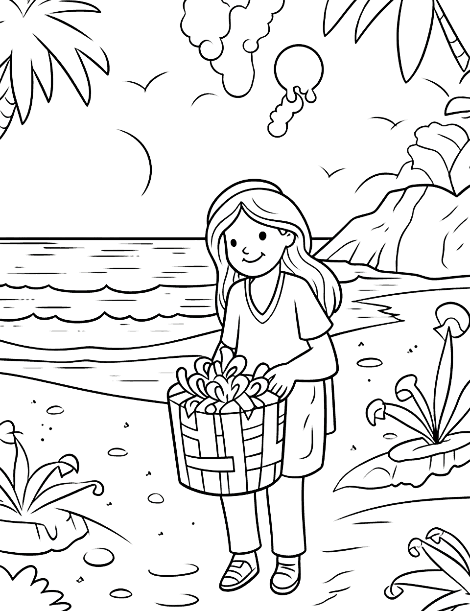 Tropical Birthday Happy Coloring Page - A woman opening a birthday gift on a tropical beach.