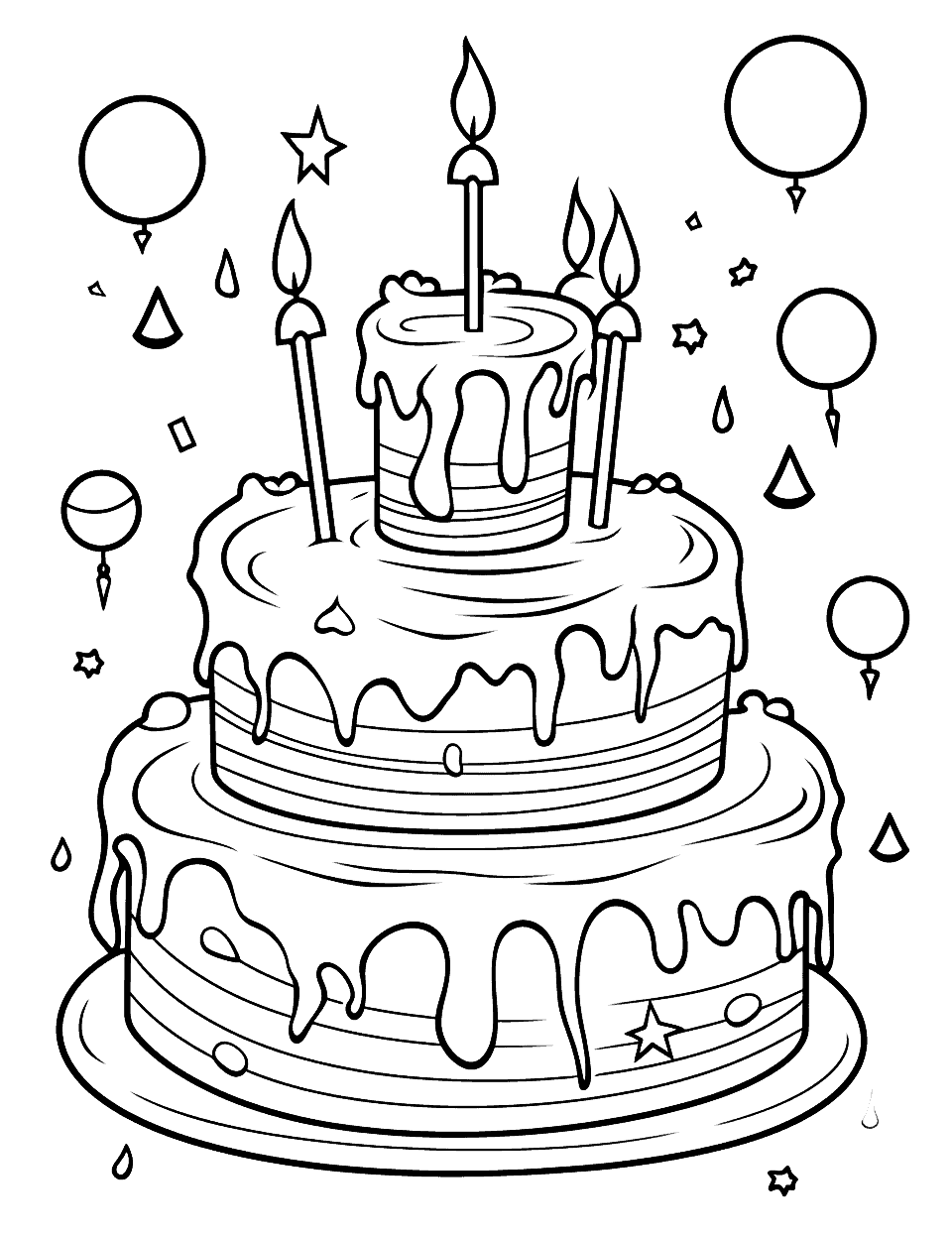 The Ultimate Birthday Cake Happy Coloring Page - A giant, intricately decorated birthday cake, topped with an array of colorful candles ready for coloring.
