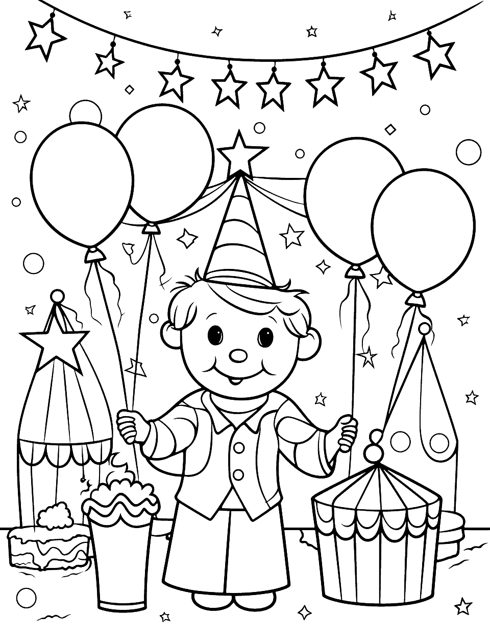 Circus Themed Birthday Happy Coloring Page - A happy clown juggling birthday balloons next to a big top tent.
