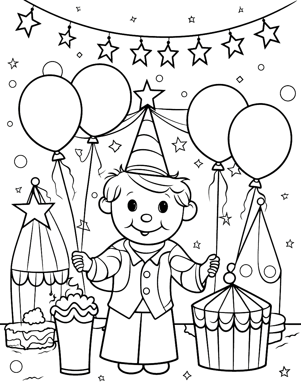 Circus Themed Birthday Happy Coloring Page - A happy clown is juggling birthday balloons next to a big top tent.