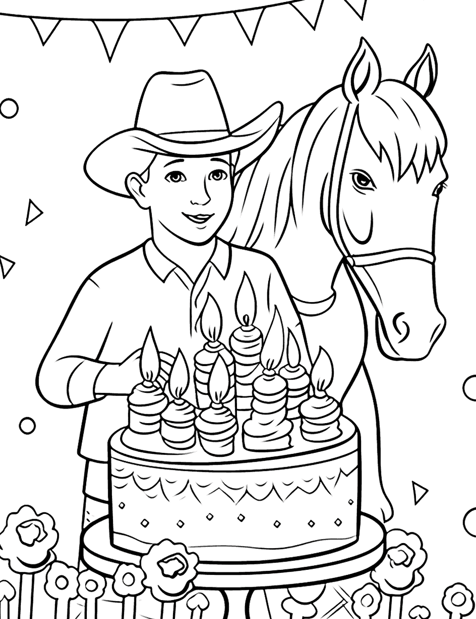 Cowboy's Wild West Birthday Happy Coloring Page - A cowboy celebrating his birthday standing next to his horse.
