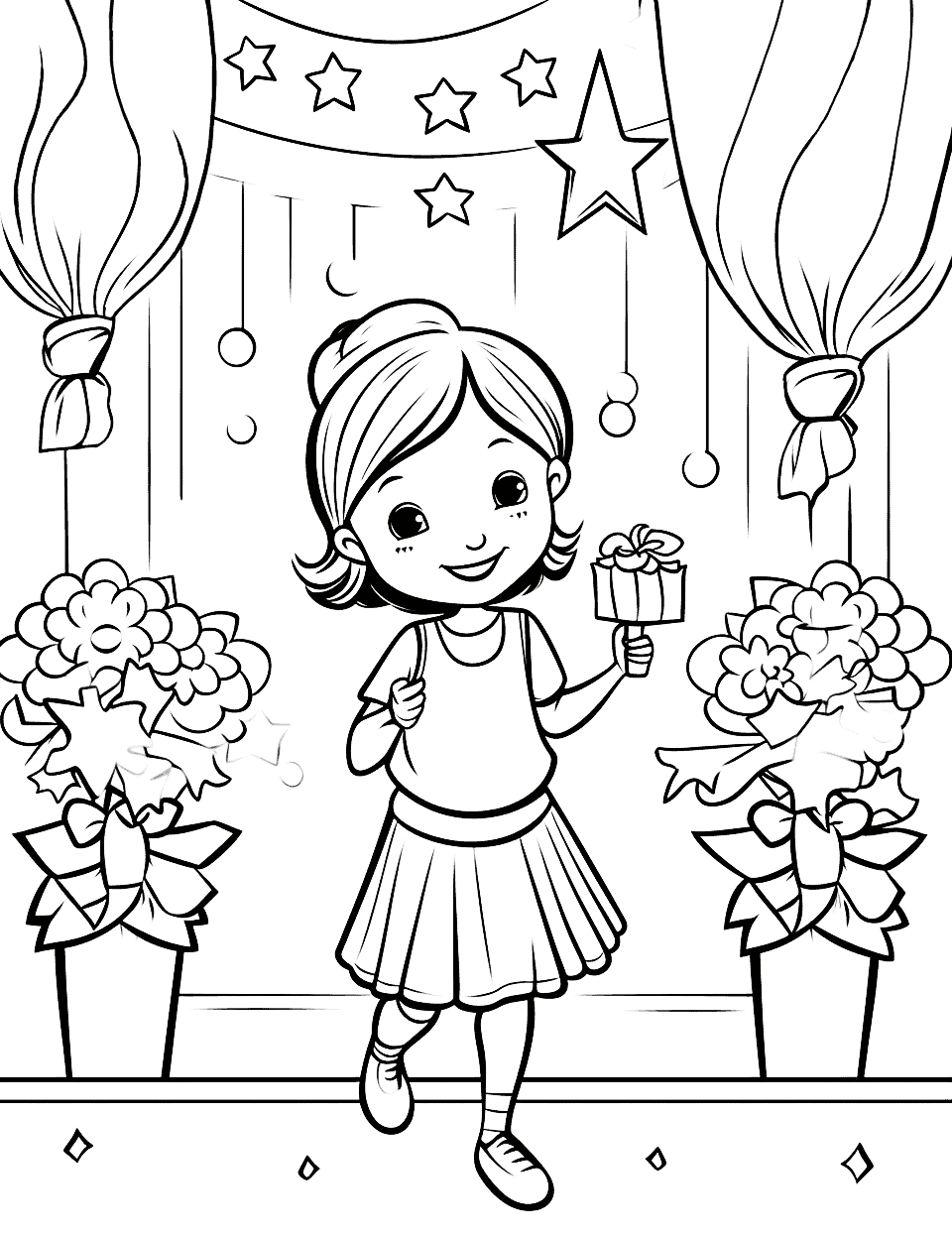 Ballerina's Stage Birthday Coloring Page - A ballerina receiving flowers and birthday gifts on stage.