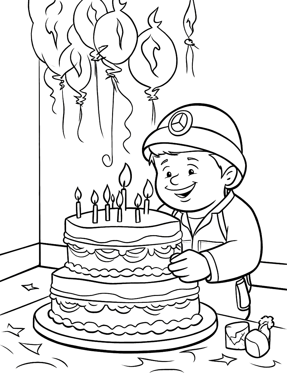 Firefighter's Birthday Blaze Coloring Page - A firefighter celebrating his birthday.